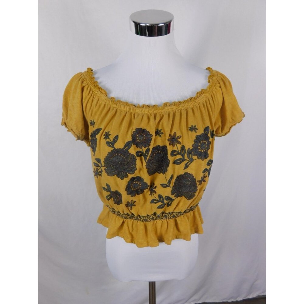 AE Yellow Off Shoulder Floral Crop Tee Boho Witch L - Picture 3 of 11